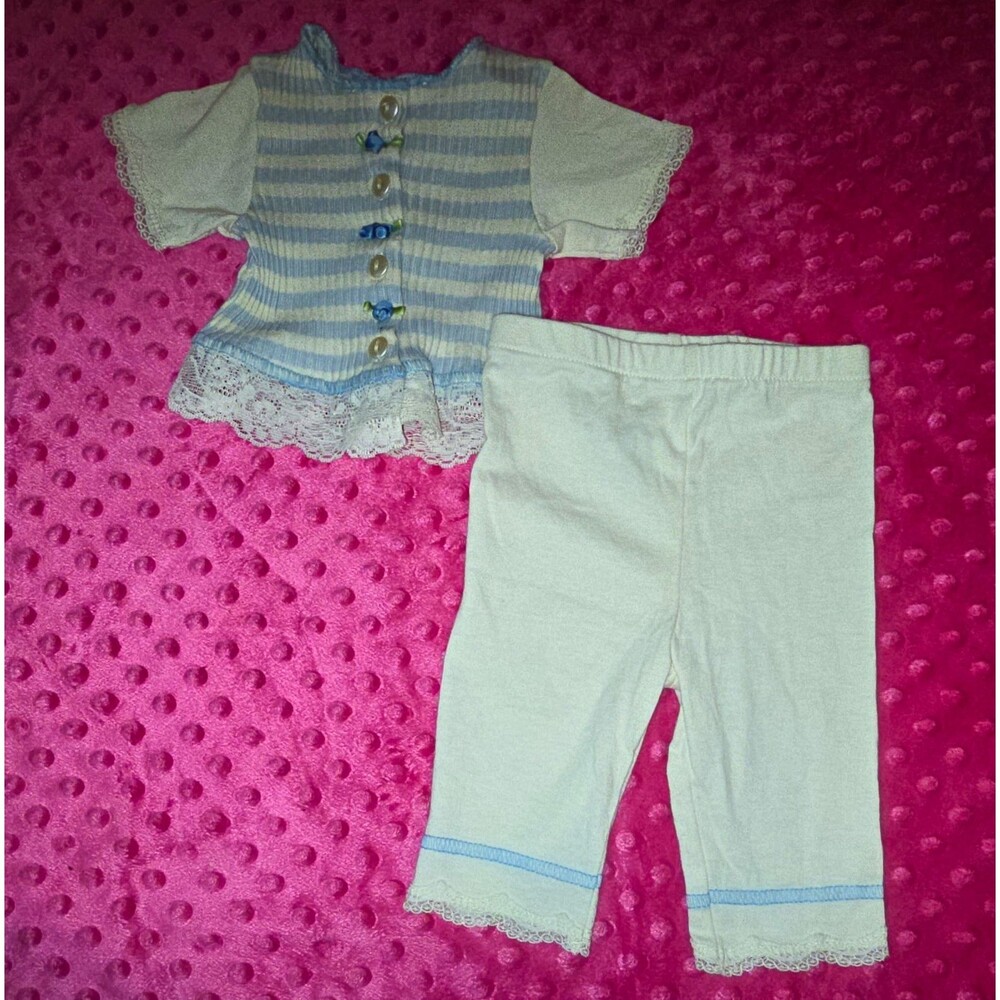 2pc Little Precious Set Blue/White Striped Button Top & White Pants Size 0-6m